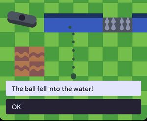 A screenshot of the topdown golf kit showing two text boxes: "The ball fell into the water!" and "OK"