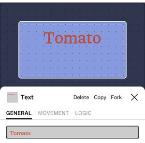 A screenshot of the inspector editing a Text actor with a red font showing the word "tomato"