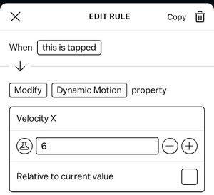 A screenshot of a rule which modifies velocity
